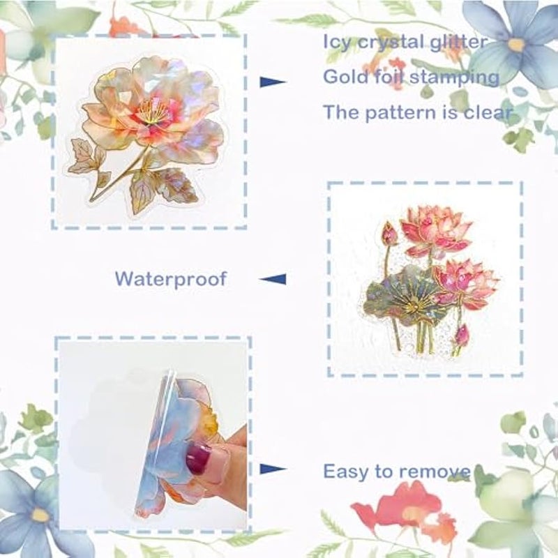 Sparkly Flower Stickers - 30 Pcs Clear PET Glitter Nature Plant Floral Stickers for Scrapbook, Journal, Junk Journal, Collage - Holographic Transparent for Resin, Craft, Scrapbook Supplies - Image 5